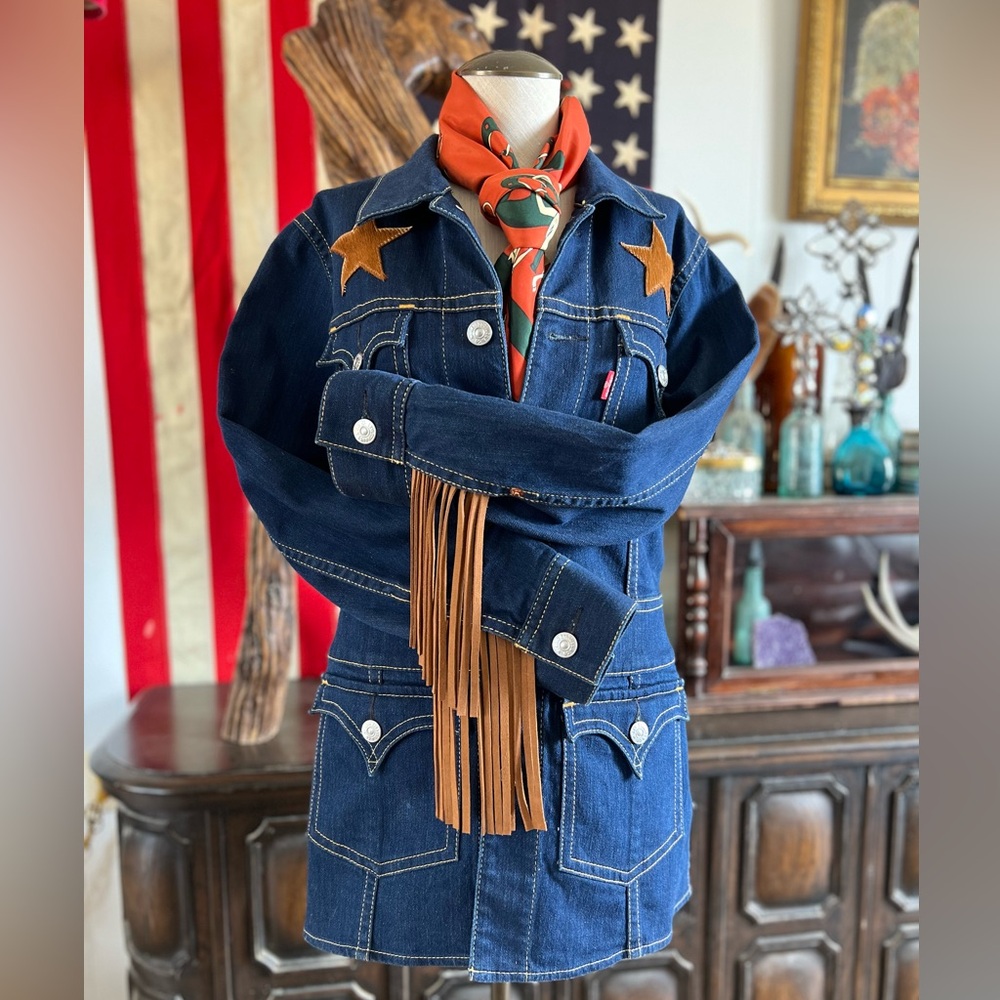 LEVIS Type 1 Denim Long Jacket Dirty Mojave Embellished with cowhide patches